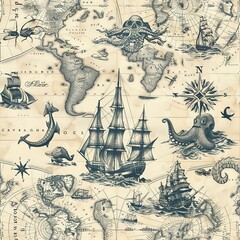 Ancient Mariners: Designs featuring old nautical maps, ships, and sea monsters. For Seamless Pattern, Fabric Pattern, Tumbler Wrap, Mug Wrap.
