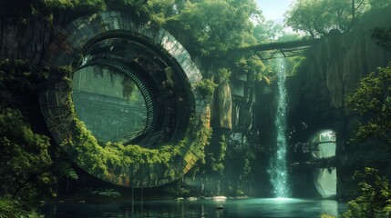 3D illustration nature-tech fusion, A mystical environment where technology and natural growth intertwine.