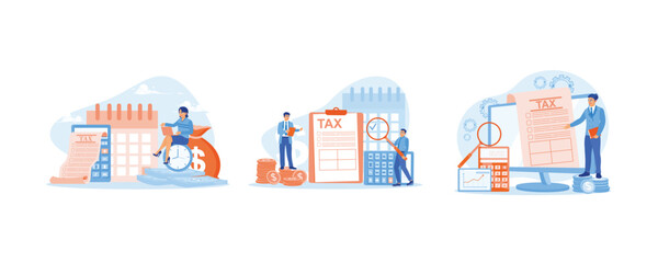 Time of tax payment. Male businessman filling out tax form. Pay taxes online. Tax Audit concept. Set flat vector illustration.