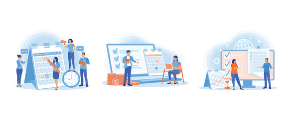 The boss and employee have a meeting in the office. Entrepreneur makes a business plan. Global business challenges. Business Plan concept. Set flat vector illustration.