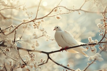 A tranquil scene featuring a white dove resting on a tree branch