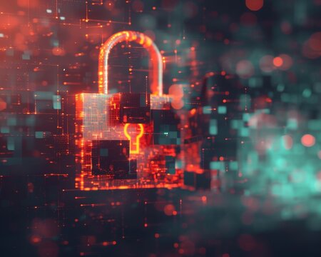 Unique portrayal of a digital padlock floating in an abstract cyber space
