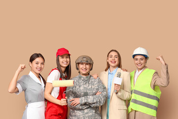 Obraz premium Women of different professions on beige background