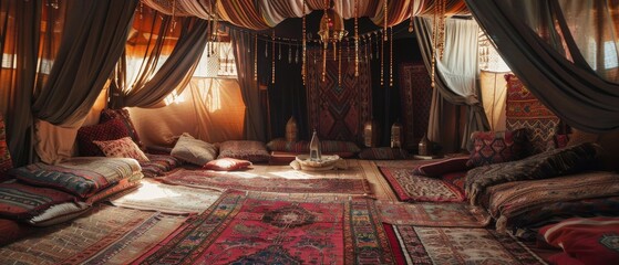 A traditional Arabian tent adorned with rich textiles and intricate patterns
