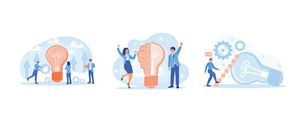 Fototapeta premium Business team working together to start a new business. Develop new business ideas. Makes a work plan to achieve success. Business Idea concept. Set Flat vector illustration.
