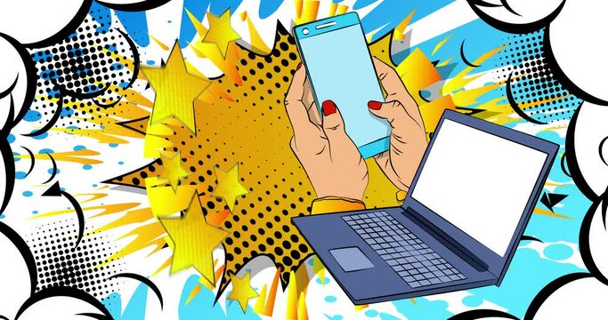 Cartoon Smartphone, comic book Telephone with Laptop. Retro animation, comics pop art video.