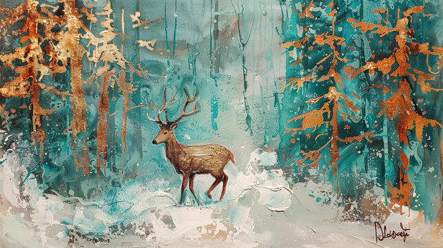 Against a backdrop of trees painted in shades of turquoise and teal, a noble deer traverses the snow-covered landscape, its coat adorned with hues of  