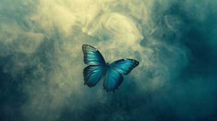 Against a backdrop of swirling mist and fog, a blue butterfly emerges, its wings a vibrant splash of color amidst the ethereal haze.
