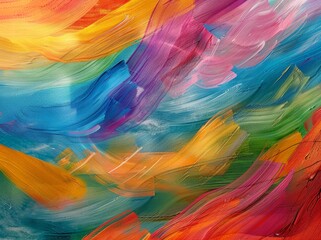 An abstract painting featuring vibrant multicolored brush strokes creating a dynamic composition