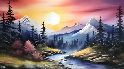 A watercolor painting of a mountain landscape with a sunset, through which the river flows. Generative AI