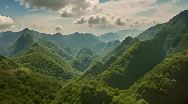 beautiful green mountain views, tropical island, afternoon, Aerial drone, wide angle