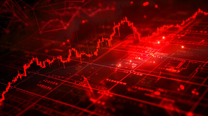 Red stock market graph with glowing elements on dark background. Concept of financial charts, growing and falling candlestick chart for digital business technology and financial made from red light