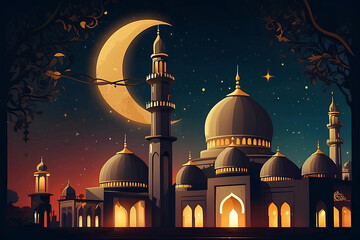 Moonlit Ramadan brings a peaceful mosque nightscape to life in vibrant illustration
