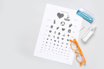Stylish eyeglasses with eye test chart, tweezers and solution for contact lenses on white background