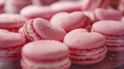 Culinary artistry at its finest—pink, heart-shaped macarons arranged with precision. HD clarity captures the delicate luxury in every detail.