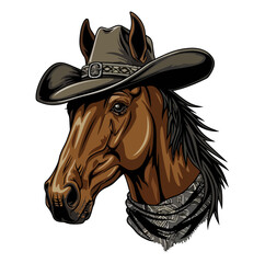 Horse Head wearing wearing cowboy hat and bandana around neck