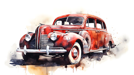 Watercolor Painting of an old red color Old Car
