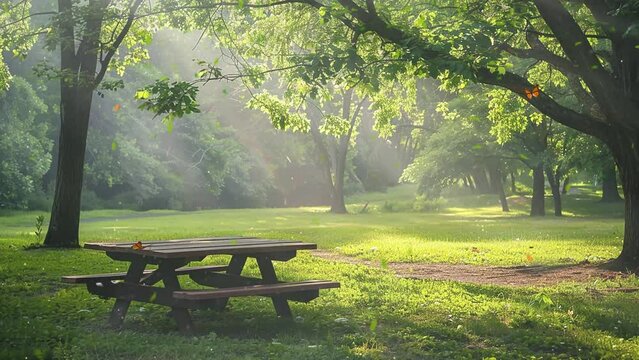 park serenity a tranquil picnic spot in a park. seamless looping overlay 4k virtual video animation background