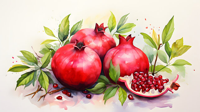 Vibrant Watercolor Painting of  Pomegranate with Leaves