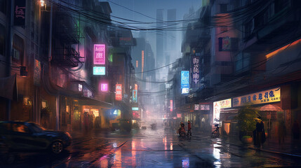 Futuristic cityscape in a cyberpunk setting, rain-soaked streets reflecting neon signs and holographic billboards, dark alleys with flickering lights, towering megacorporation buildings casting long