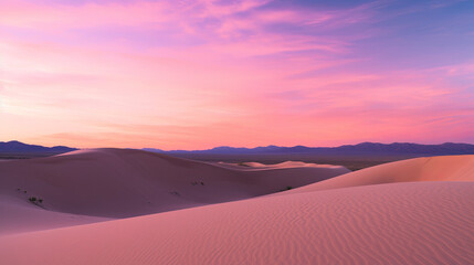 Vibrant colors and gradients adorn the desert landscape as dawn breaks, painting the sky in hues of pink, purple, and gold. The vast expanse of sand stretches out before you, untouched and timeless