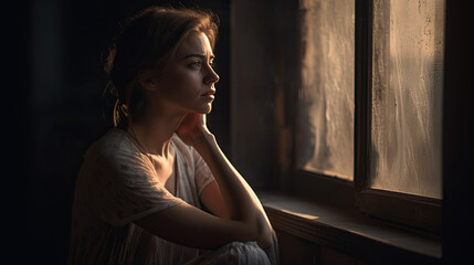 In a dimly lit room, a woman sits by a window, her face softly illuminated by the gentle morning light filtering through the curtains. She gazes pensively outside, lost in her thoughts. Her eyes
