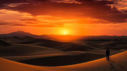 Fototapeta na wymiar In a vast desert landscape, a lone figure stands silhouetted against the setting sun, their silhouette stark against the fiery sky. The windswept dunes stretch out endlessly before them, a testament