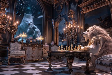 A yeti playing chess with a sphinx in a Victorian parlor mic and ivory detailing on the furniture