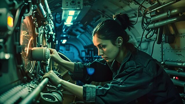 Brunette woman performing plasma laser chromatography on a nuclear submarine