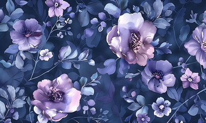 a purple flowering pattern with flowers on dark blue background, Generative AI 