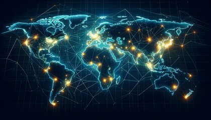 Naklejka na ściany i meble A digital world map displaying continents outlined in blue with connecting lines and bright nodes highlighting global connectivity on a dark grid background. background