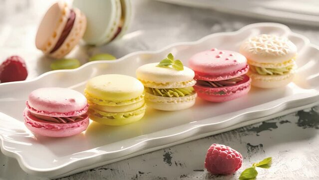 A plate of delicate French macarons in an array of vibrant colors and flavors including pistachio raspberry and lemon.