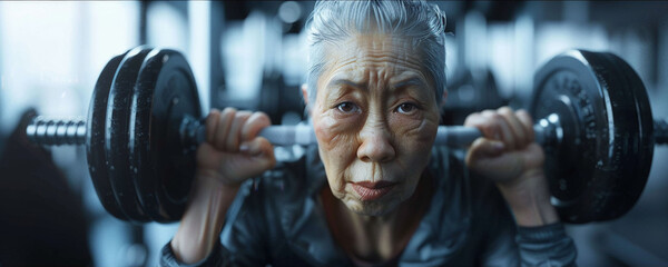 Focused and strong a senior Asian woman is captured in a close-up - obrazy, fototapety, plakaty