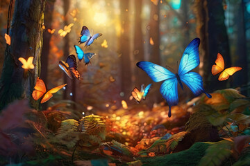 Fototapeta na wymiar Enchanted forest scene. Iridescent butterflies, magical autumnal light. Fantasy background. Captivating imagery.