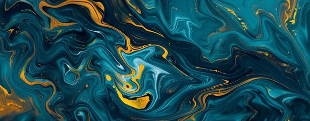 An abstract painting featuring vibrant blue, yellow, and black colors blending and contrasting in dynamic patterns and shapes