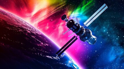 Futuristic illustration of a space station orbiting an Earth immersed in a colorful aurora, highlighting the beauty of human spaceflight and exploration. - obrazy, fototapety, plakaty