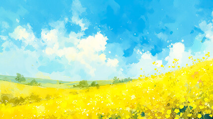 青空と菜の花畑の抽象的な水彩イラスト背景