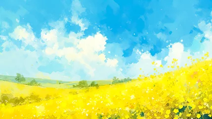 Rolgordijnen 青空と菜の花畑の抽象的な水彩イラスト背景 © Hanasaki