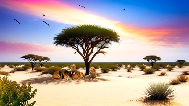 Group of lion under tree, beautiful sky background. Seamless looping time-lapse 4k video animation background
