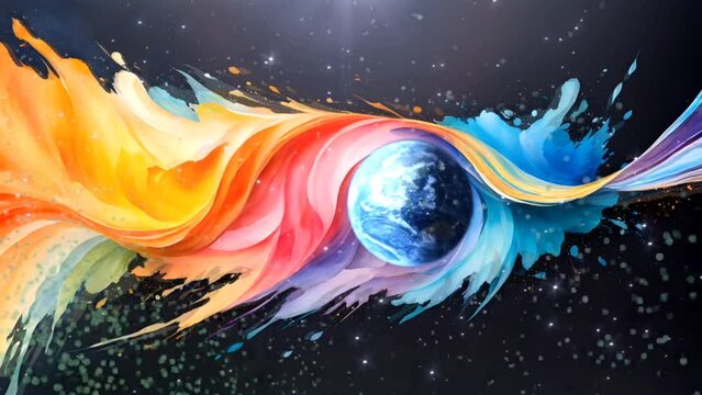 Watercolor abstract background with globe earth. Seamless looping time-lapse 4k video animation background