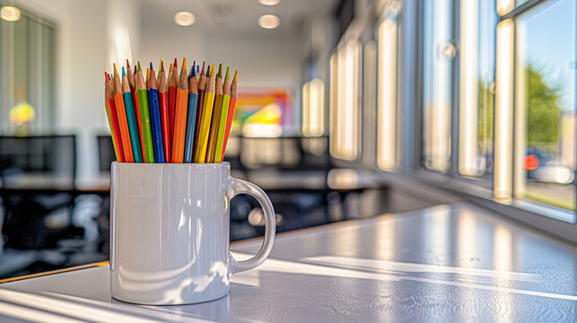 a photo of a mug full of colored pencils on a student's desk and positioned to the right