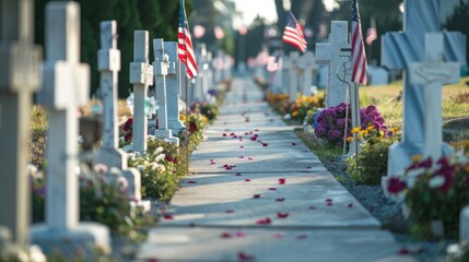 Endless rows of white crosses or marble slabs adorned with flags and flowers.