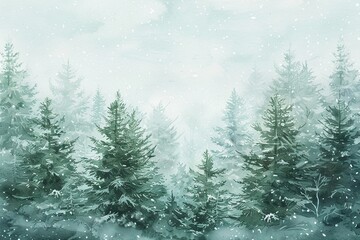 Whimsical watercolor pine forest light snowfall on evergreens