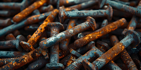   Rust on bolts metal oxide oxidization chemical reaction  Old rusty bolt and nuts Pile of metal scrap background, Machinery industry and Detail on Background