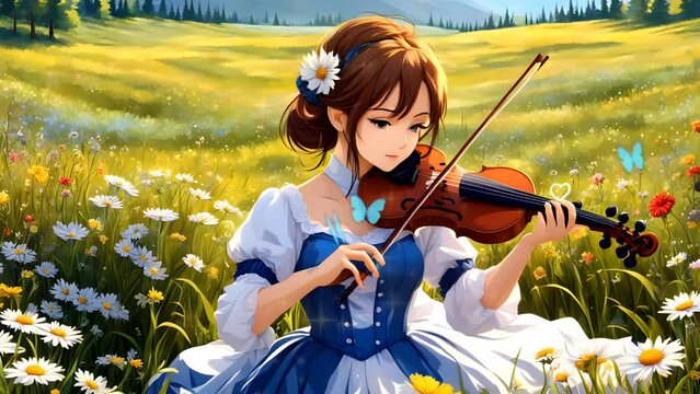 Beauty anime girl playing violin in the meadow at summer. Seamless looping time-lapse 4k video animation background