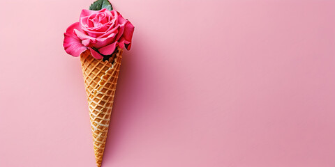 Close-up ice cream cones,,Waffle cone with pink flowers
