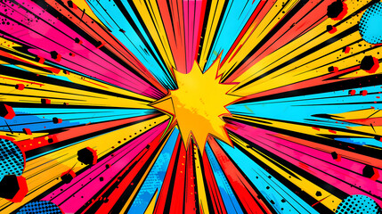Abstract digital artwork featuring a radial explosion of colorful lines from a central point
