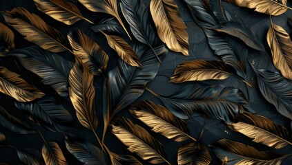 A cluster of shiny gold leaves arranged on a dark black surface, creating a striking contrast
