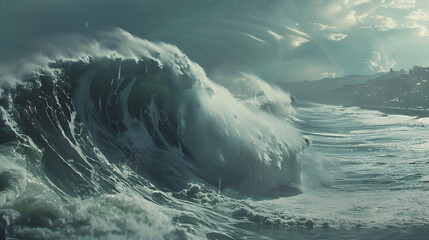 Tsunami Attack Natural Disaster Aspect 16:9  - obrazy, fototapety, plakaty