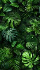 Fototapeta na wymiar Generative AI image tropical plants, dark green leaves, monstera, A lush green tropical rainforest with various leaves, such as monstera and ferns, wallpaper